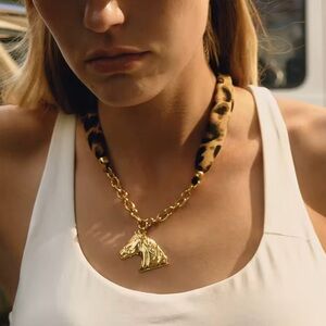 Gold Horse Pendant Leopard Print Bandana Style Statement Necklace